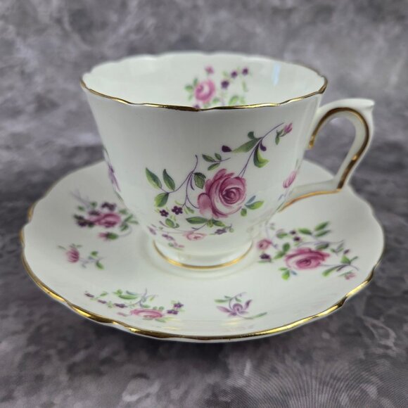 Crown Staffordshire Cup & Saucer Fine Bone China Pink Rose Floral Gold Accents - Picture 1 of 16